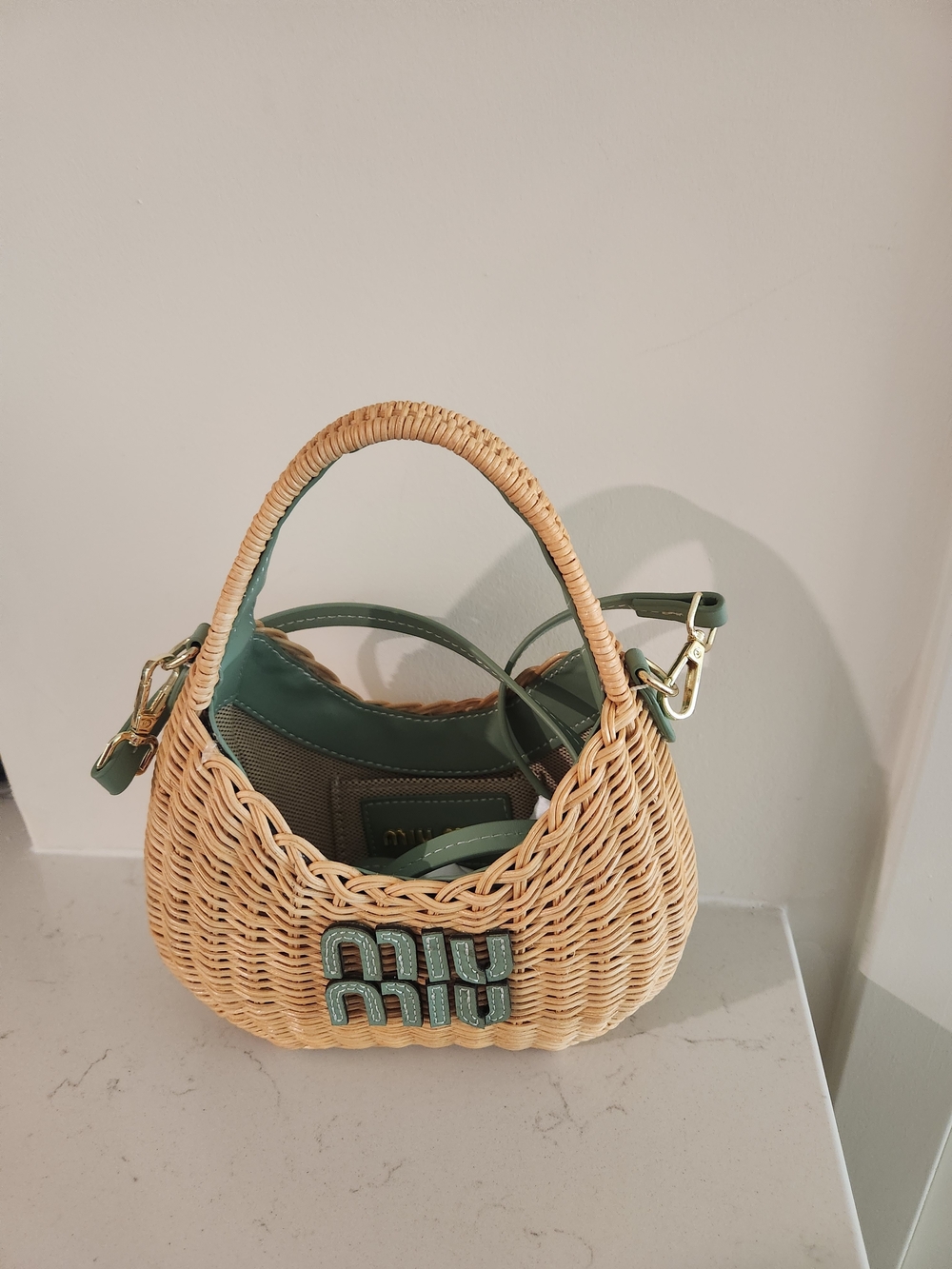 Miu Miu Natural Woven Mini Bag with Green Trim